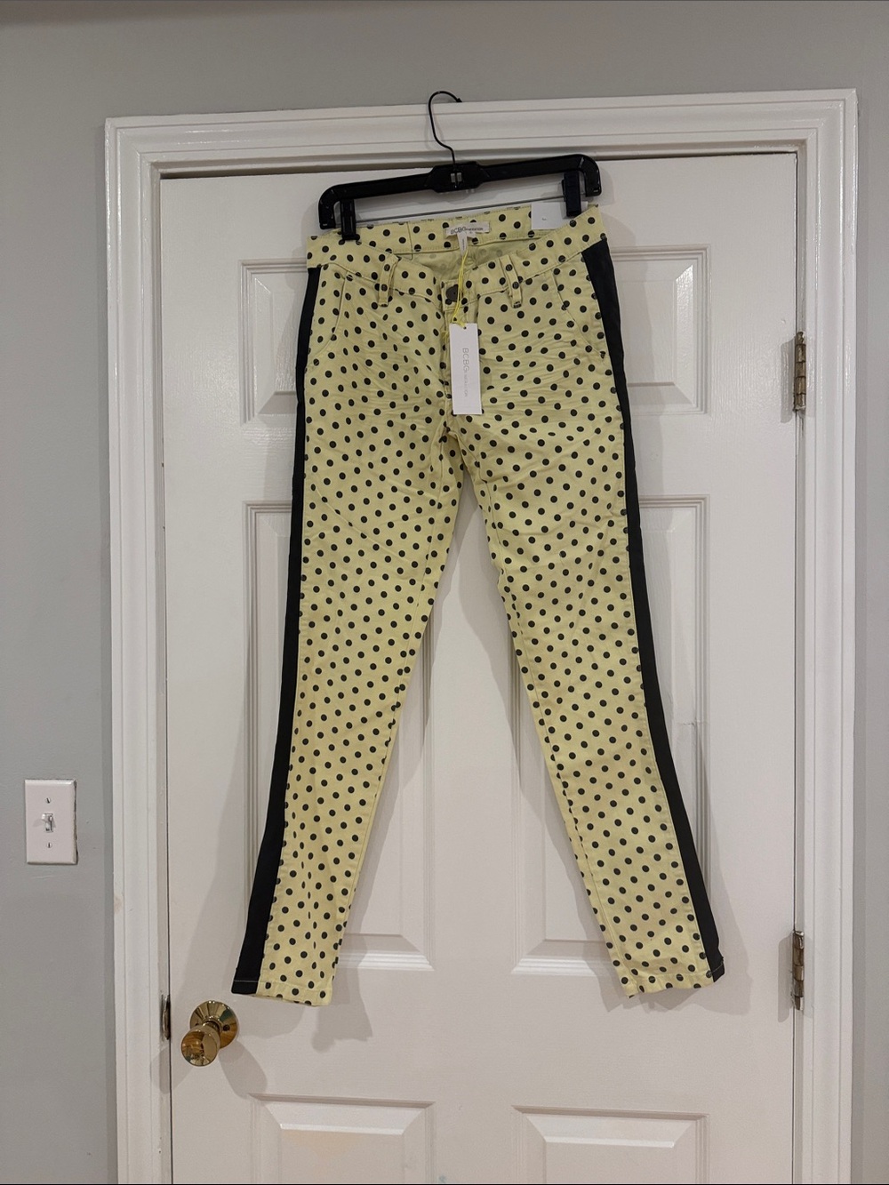 BCBGeneration Polka Dot Slim Side-Stripe Pants - Yellow/Black, Size 27. NWT